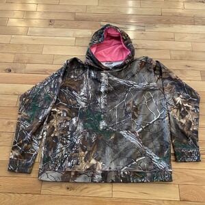 Realtree Womens Camo Hoodie Pink Lined Pullover Sweatshirt Brown Camouflage L